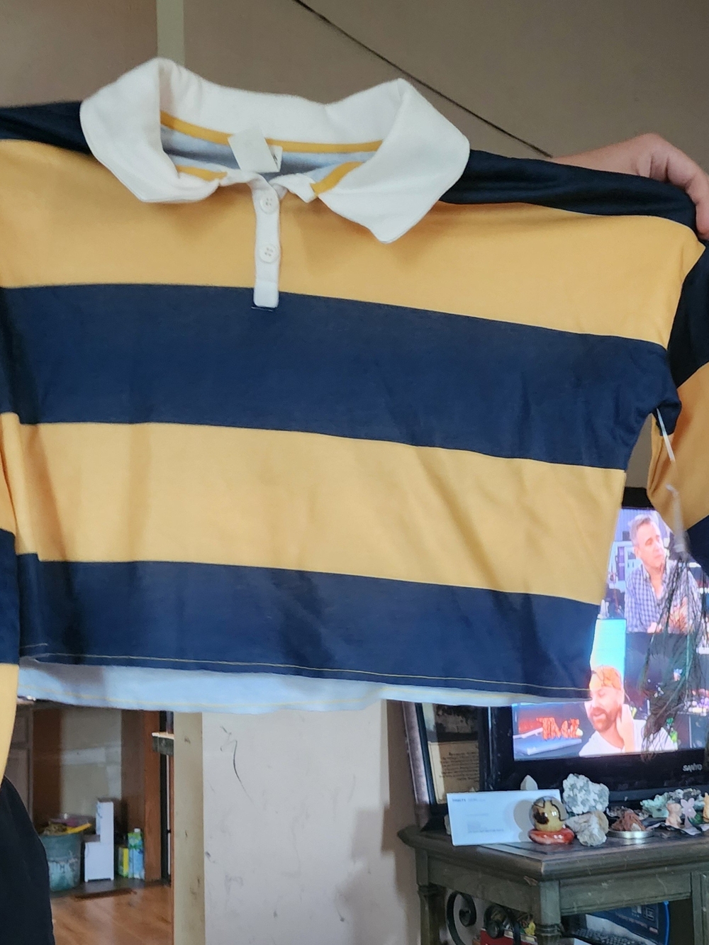 Womens Striped Rugby Polo Shirt - Yellow & Navy ,Crop